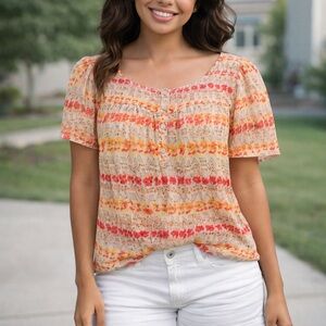GAP Peach and Coral Floral Stripe Scoop-Neck Top